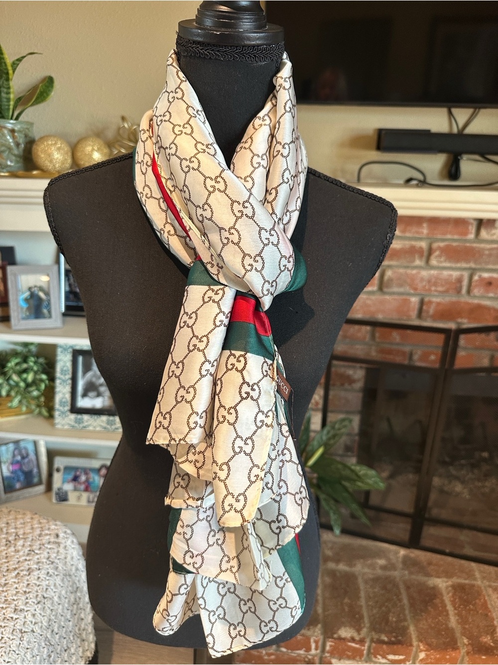 Gucci Cream Monogram Scarf with Green & Red Stripe